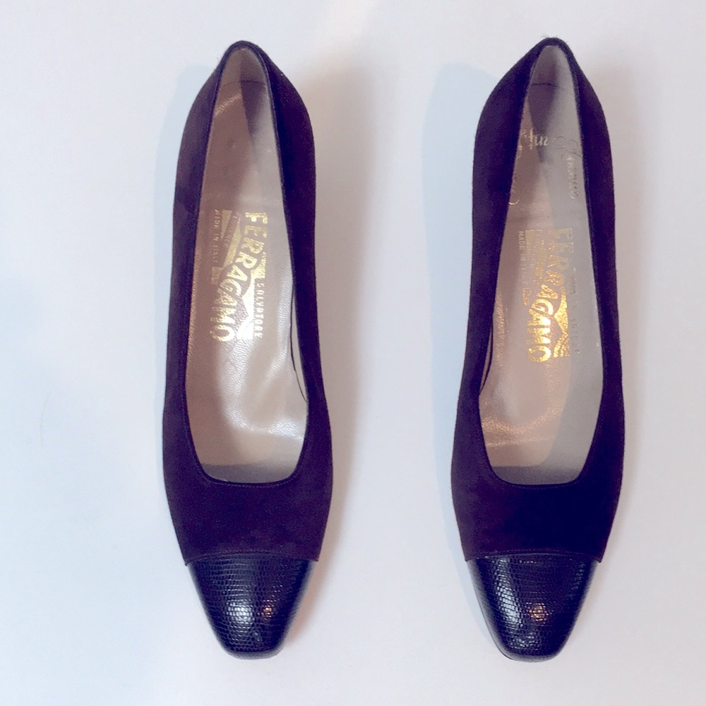 Salvatore Ferragamo 8 AA Brown Suede and Reptile Leather toe and heels